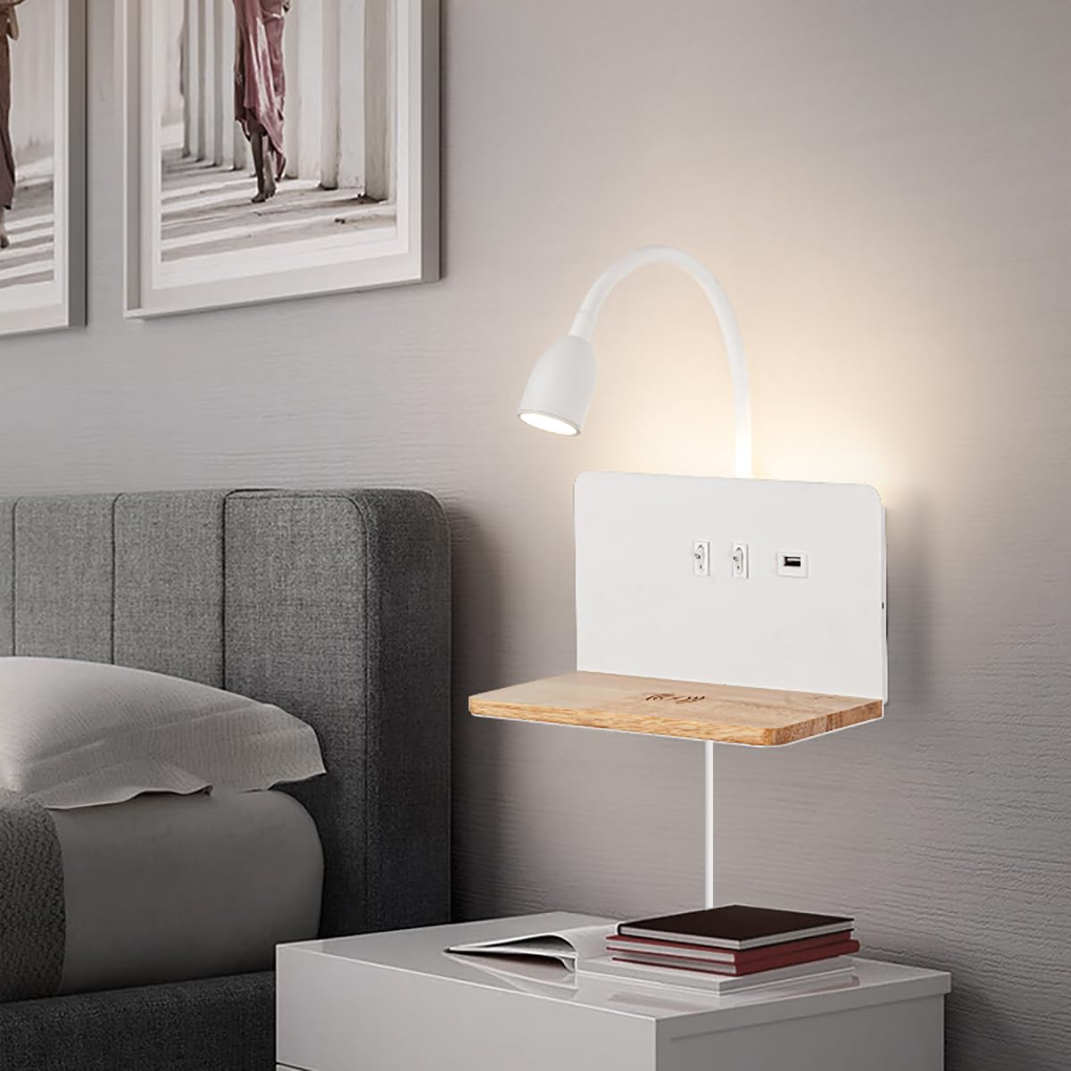 Weiß LED Innen Wandleuchte mit Stecker, Schlafzimmer Wandlampe mit USB-AnschlüSse und 10W Wireless Charger, Verstellbare und Flexible Schwanenhals Leselampe, 3000K Bettlampe mit Hintergrundbeleuchtung