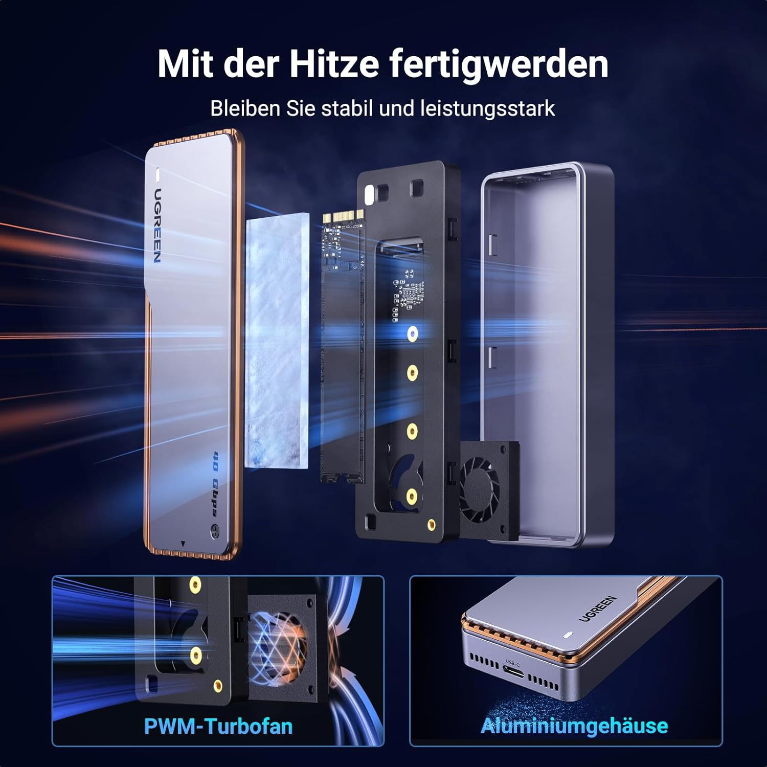 UGREEN USB 4 M2 Gehäuse, 40Gbps NVMe Gehäuse mit leistungsstarker Kühlleistung, USB M2 SSD Adapter für Datenspeicher, kompatibel mit MacBook Pro M4/M4 Pro und M4 Max, HP Celeron N4120, Mac mini M4