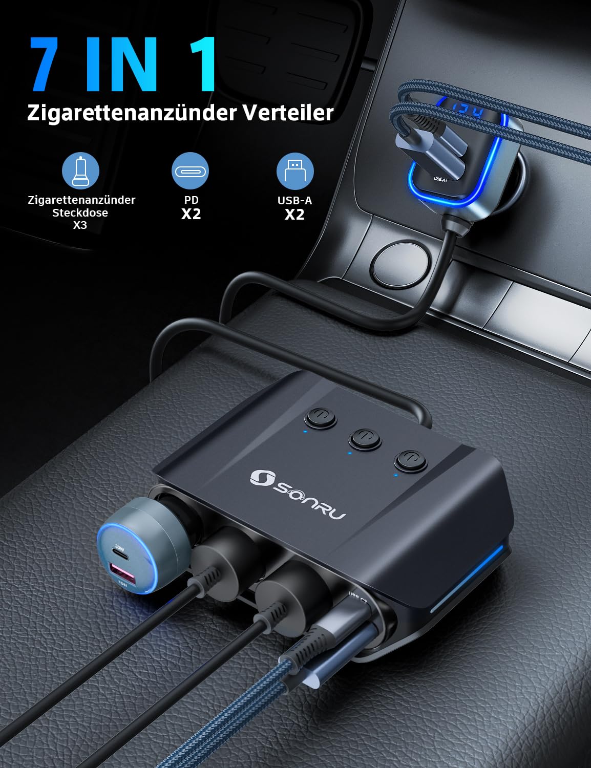 Zigarettenanzünder Verteiler 7 in 1, SONRU 180W Auto KFZ Ladegerät Adapter 12V/24V Stecker 3 Fach LED Voltmeter mit Separatem Schalter, Schnellladegerät 3 Steckdosen 4 USB Anschlüsse