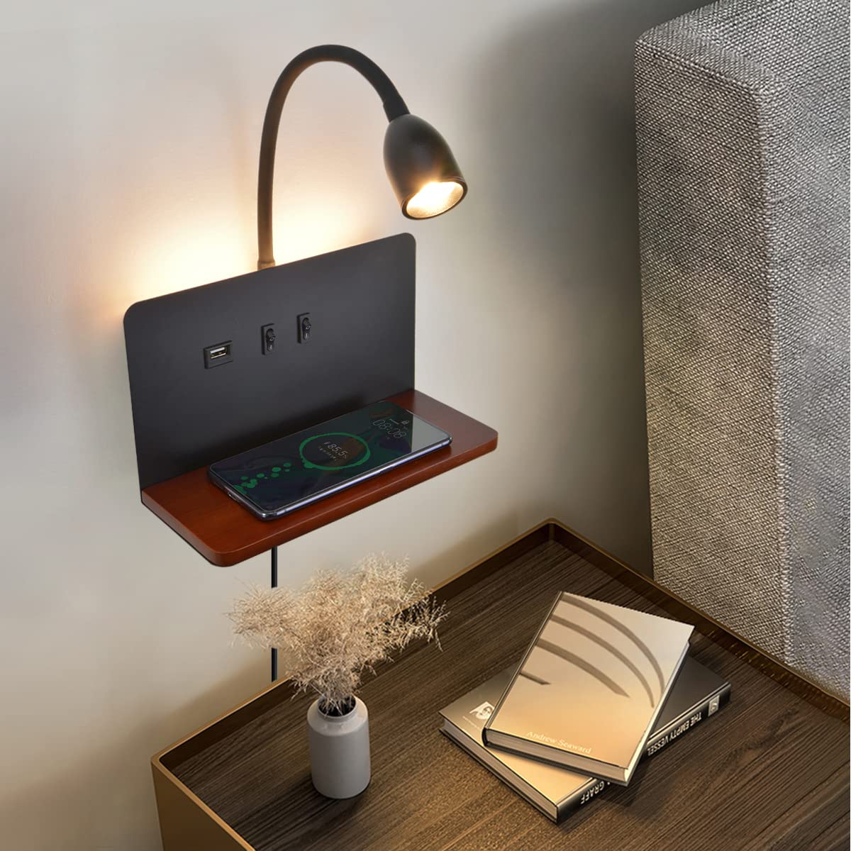 Weiß LED Innen Wandleuchte mit Stecker, Schlafzimmer Wandlampe mit USB-AnschlüSse und 10W Wireless Charger, Verstellbare und Flexible Schwanenhals Leselampe, 3000K Bettlampe mit Hintergrundbeleuchtung