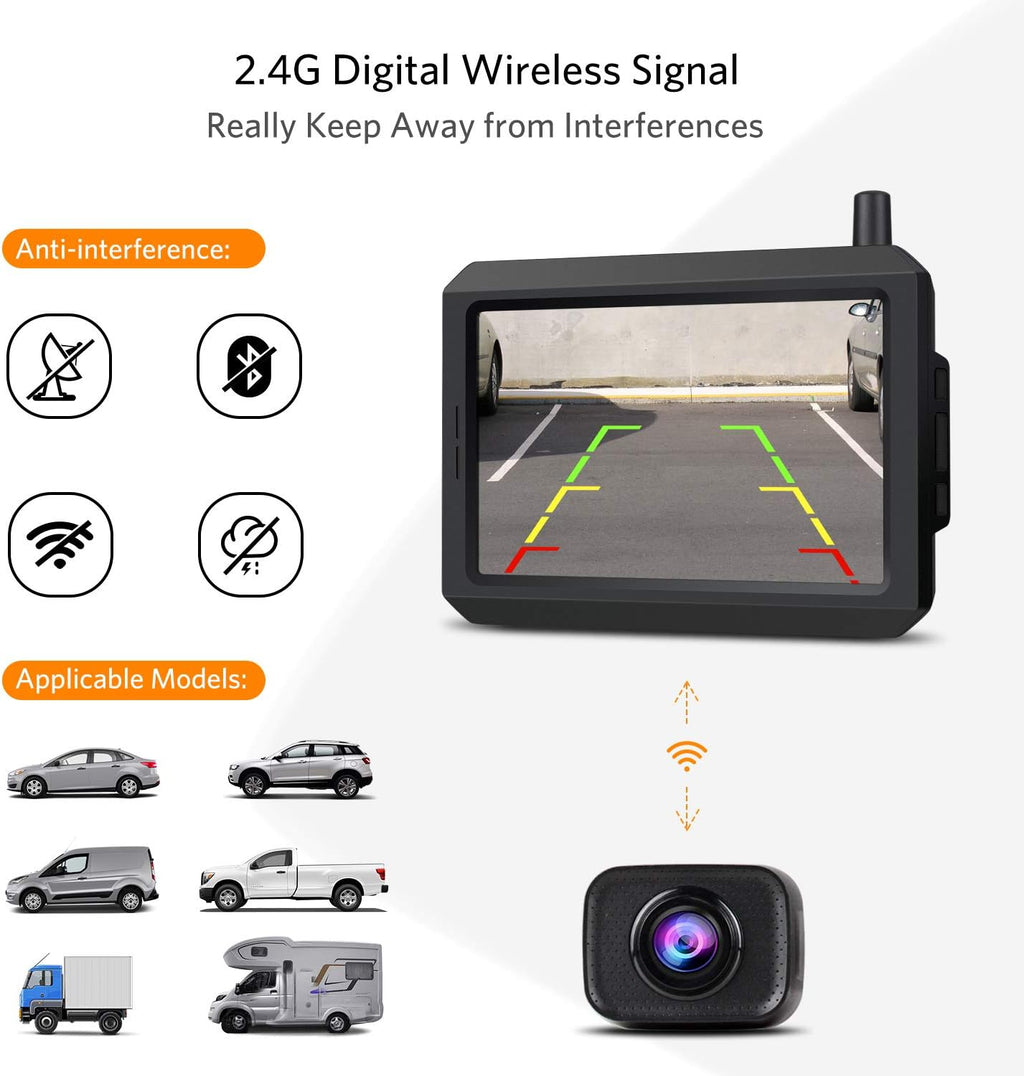 Digital Kabellos Rückfahrkamera Set K7PRO unterstützt 2 Kameras, Funk Rückfahrkameras mit Stabilem Signal, 5" HD Monitor, Drahtlose Rückfahrkamera mit IP68 Wasserdichter Kamera, Nachtsicht