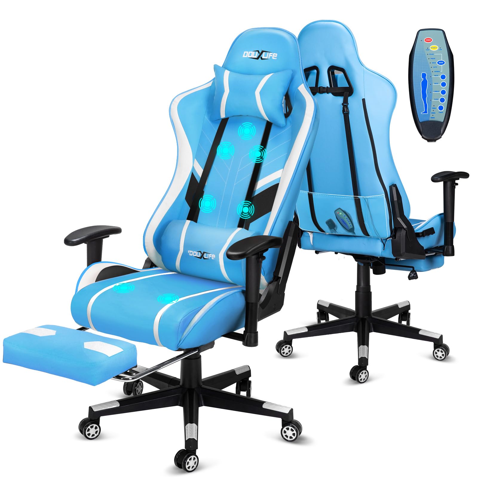 Douxlife Gaming Stuhl, mit 7 Punkt Massage, Fußstütze, Ergonomischer 180KG Bürostuhl, 90-175° Rückenlehne Einstellbar, Verstellbare Armlehne, Schreibtischstuh für Erwachsener, Schwarz Weiß