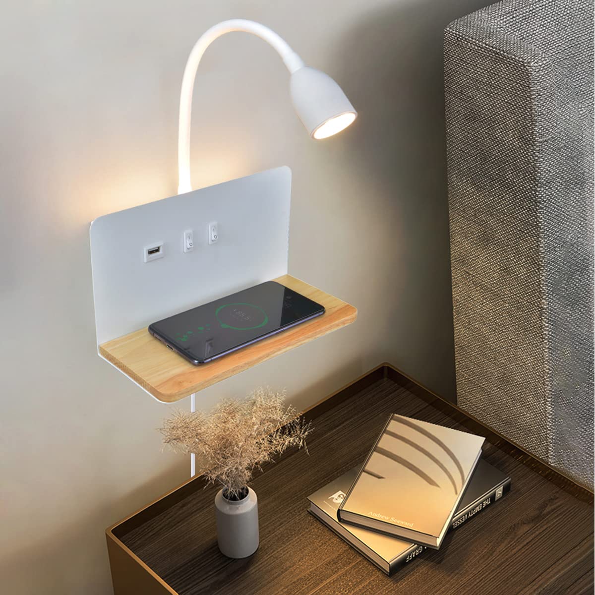 Weiß LED Innen Wandleuchte mit Stecker, Schlafzimmer Wandlampe mit USB-AnschlüSse und 10W Wireless Charger, Verstellbare und Flexible Schwanenhals Leselampe, 3000K Bettlampe mit Hintergrundbeleuchtung