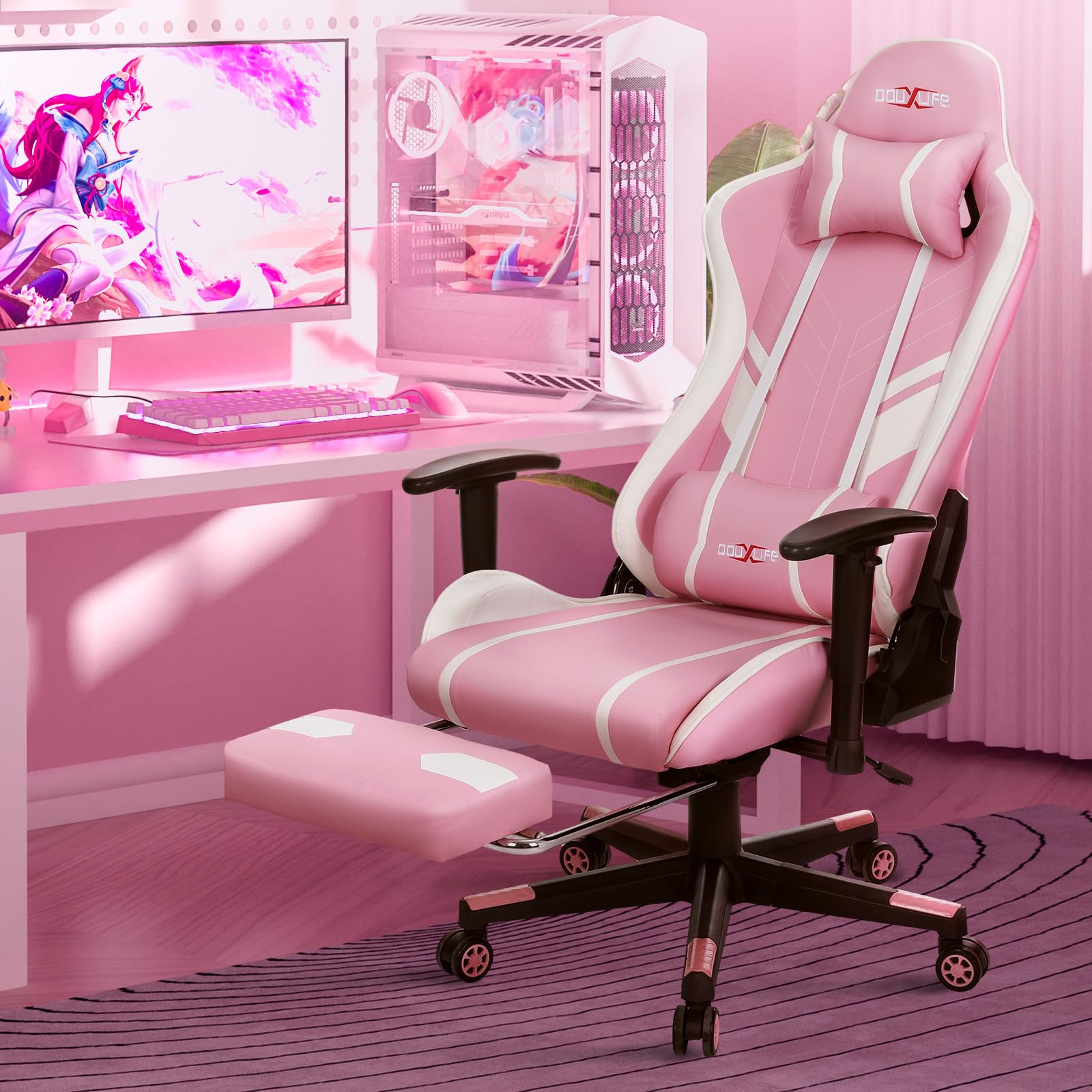 Douxlife Gaming Stuhl, mit 7 Punkt Massage, Fußstütze, Ergonomischer 180KG Bürostuhl, 90-175° Rückenlehne Einstellbar, Verstellbare Armlehne, Schreibtischstuh für Erwachsener, Schwarz Weiß