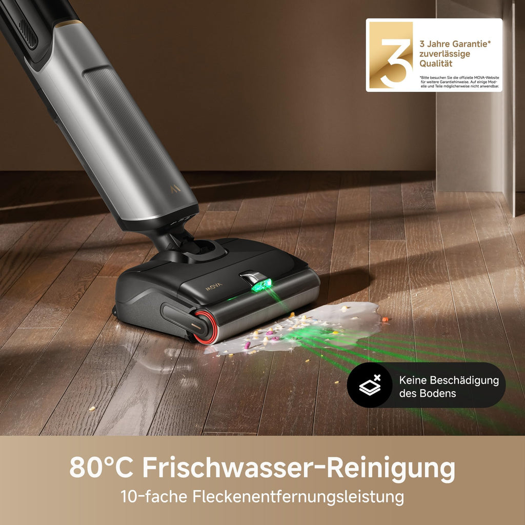 Mova X4 Pro Nass-Trocken-Sauger 20.000 Pa, Heißwasser-Wischfunktion, Tangle-Free, Selbstreinigung bei 100 °C, Push-In-Basisstation, LED-Bürstenkopf, Doppelkante, intelligente Saugkraftregelung