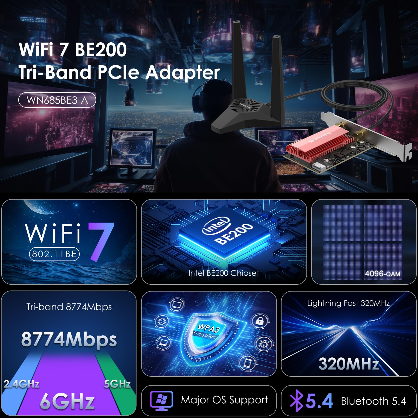 WAVLINK WiFi 7 PCIe Card BE8800 for Desktop PC, Tri-Band BE200 Wireless Adapter with Bluetooth 5.4, MU-MIMO, WPA3, for Windows 10/11 (64bit), Does Not Support AMD Motherboards