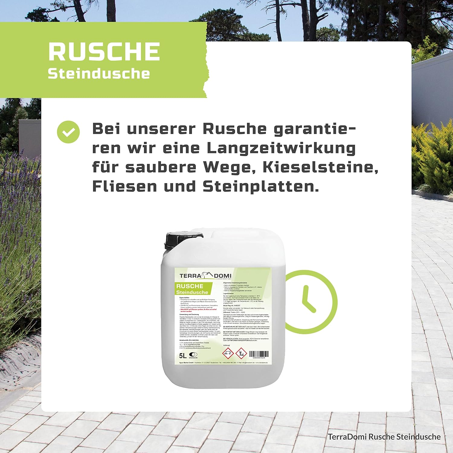 Terra Domi Rusche Steindusche, 5 L Konzentrat, Steinreiniger für bis zu 2000 m², Reinigungsmittel für saubere Wege & Plätze, Wegerein, biologisch abbaubar
