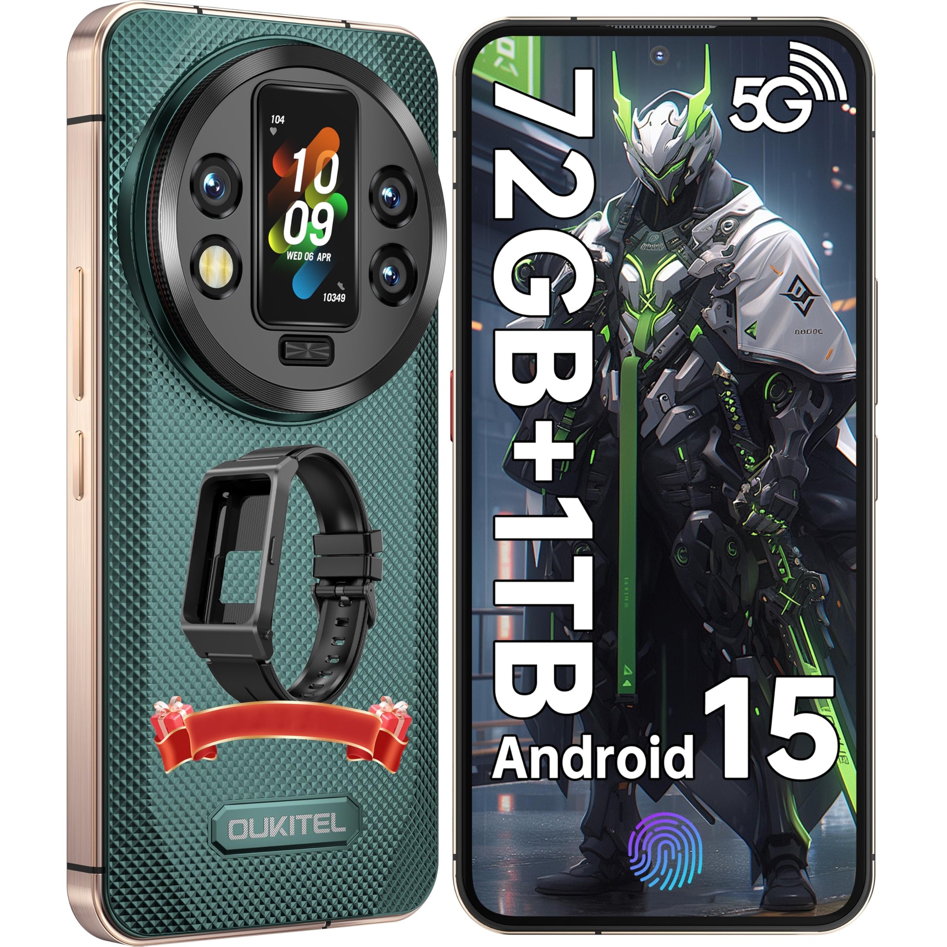 OUKITEL WP200 Pro 5G Outdoor Handy - Android 15 72GB+1TB Smartphone mit SmartWatch, 6,7” AMOLED FHD+ 120 Hz Wasserdicht Ohne Vertrag 8580mAh/45W, 108MP Kamera, 5G Dual SIM/NFC/WiFi 6 - Grün